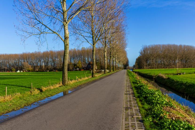 Foto: weg in het buitengebied, niet verlicht want geen sociale controle. 