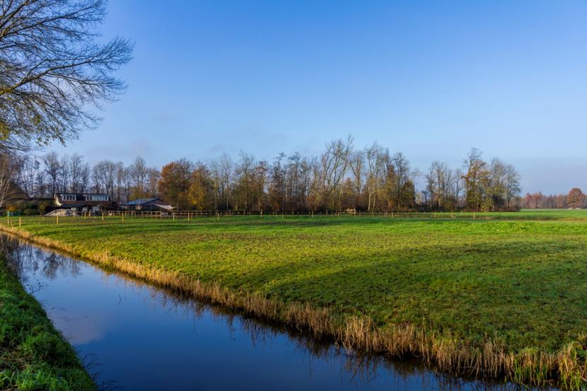 Paardenbak in een open gebied, naast een weiland, zichtbaar vanaf de weg. Als de paardenbak wordt verlicht, is het licht van veraf te zien.