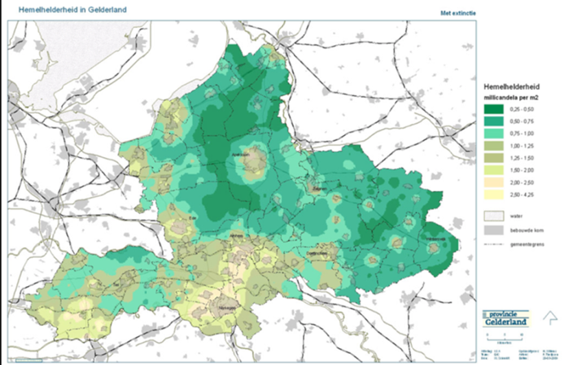 Hemelhelderheidskaart provincie Gelderland, Bron: Sotto le Stelle.